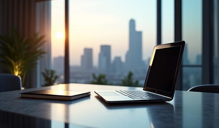 Modern workspace with digital collaboration tools representing remote leadership