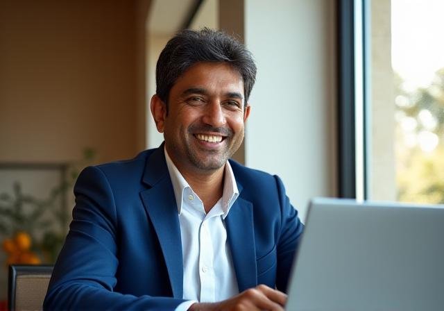 Modern professional leading a virtual meeting from a stylish home office in New Delhi