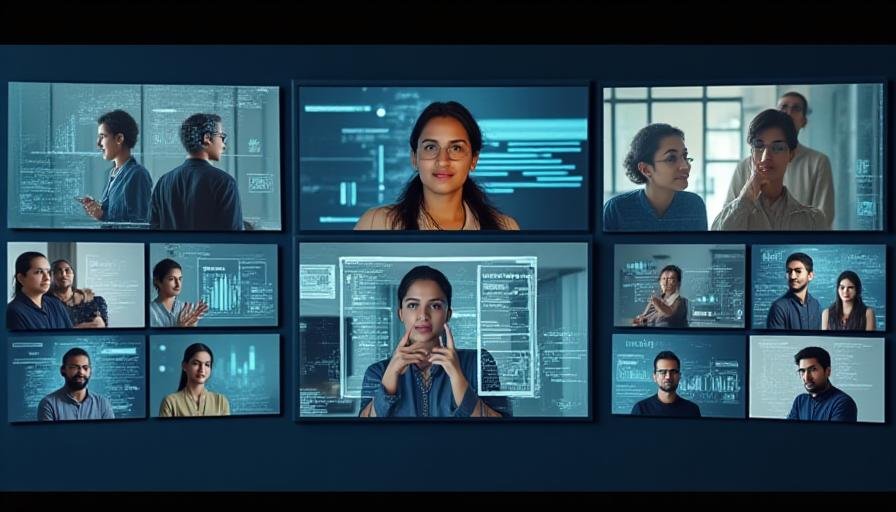 A diverse team of Indian professionals collaborating through high-tech digital interfaces