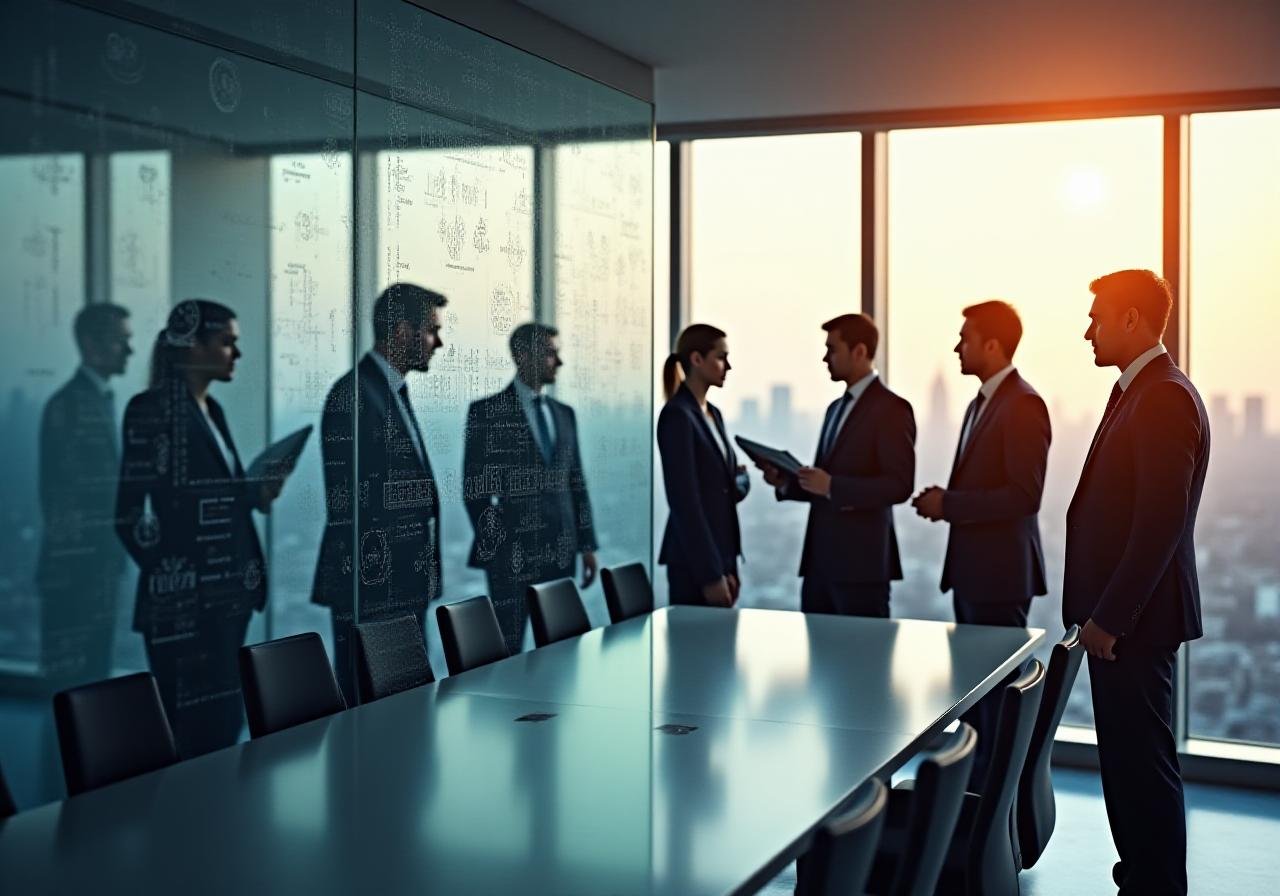 Executive team analyzing corporate strategy on a glass board in a New Delhi office